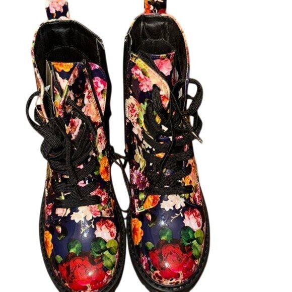 JCP TH Reese Floral Multi Combat Boots Size 5M Womens Synthetic Upper Black Sole - Picture 2 of 12
